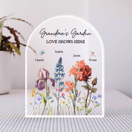 Grandma's Garden Vintage Birth Month Flowers Dome Shaped Personalized Acrylic Block Plaque, Gift For Mom, Gift For Grandma