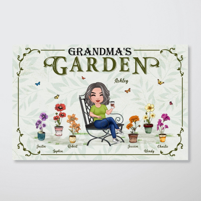 Grandma's Garden Woman Sitting Birth Month Flowers Pot Personalized Poster