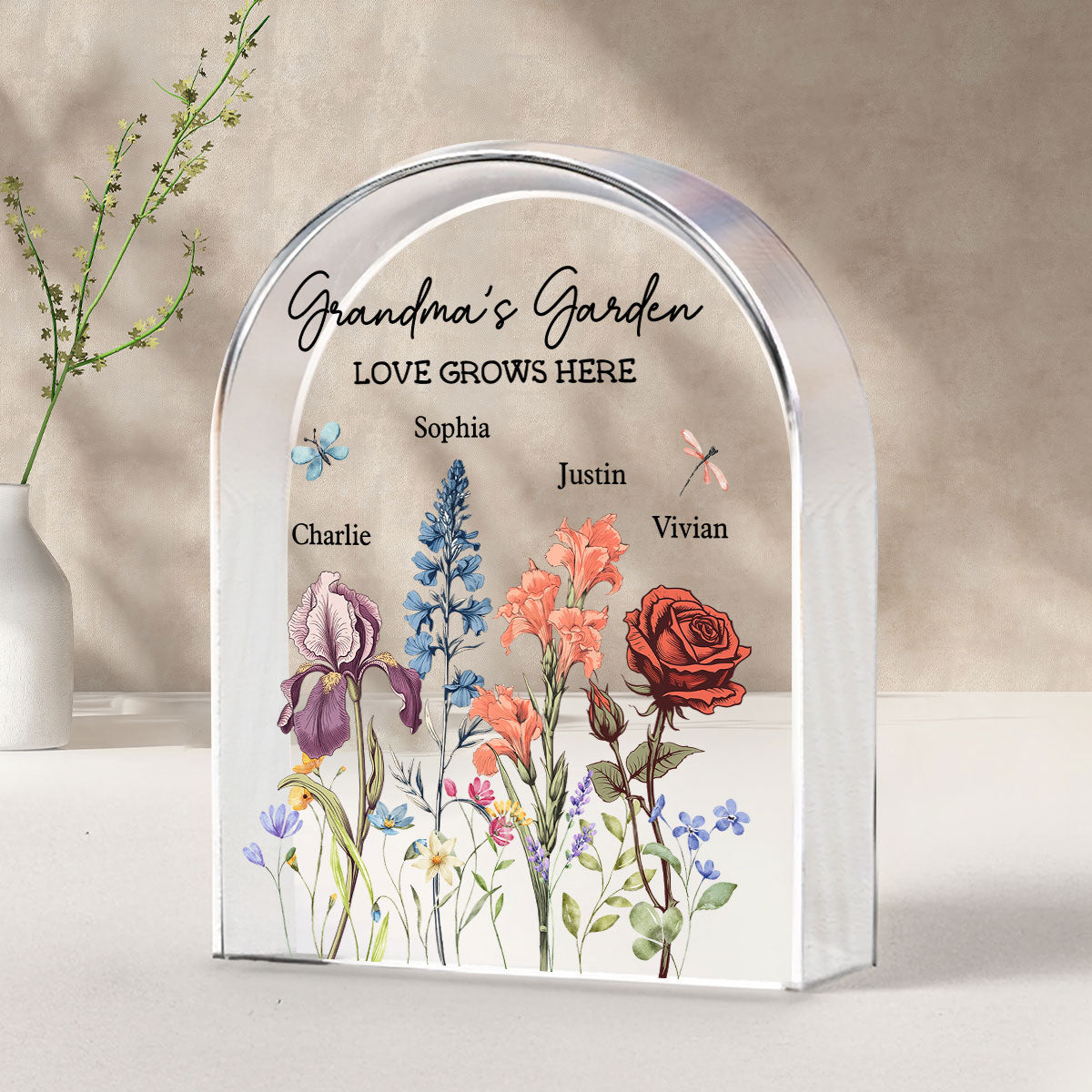 Grandma's Garden Vintage Birth Month Flowers Dome Shaped Personalized Acrylic Block Plaque, Gift For Mom, Gift For Grandma