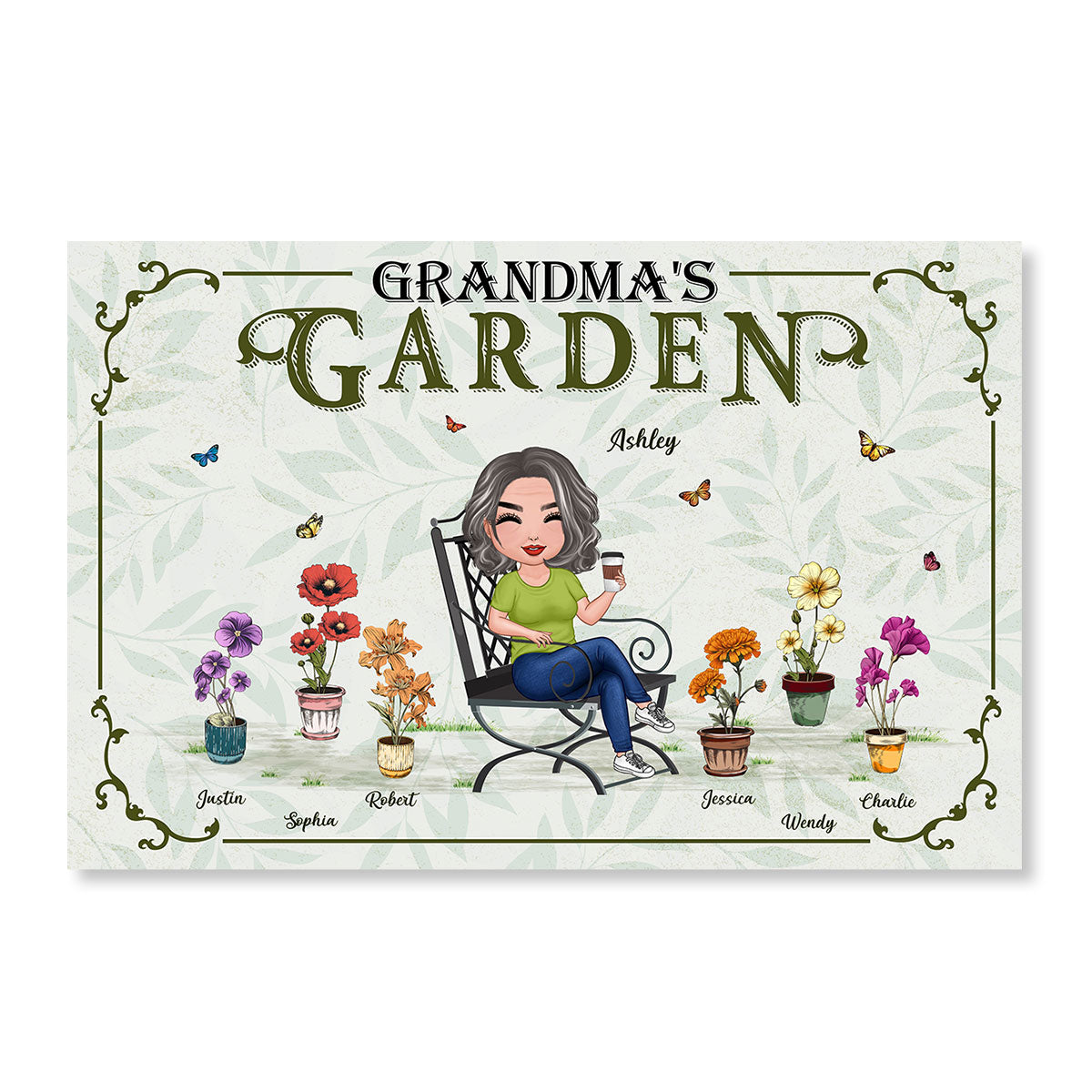 Grandma's Garden Woman Sitting Birth Month Flowers Pot Personalized Poster